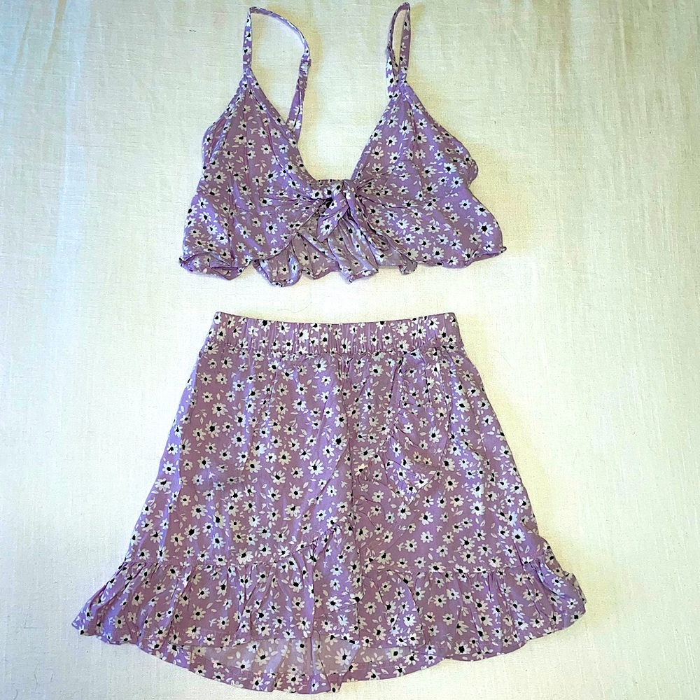 H&M lavender floral mock wrap skirt set